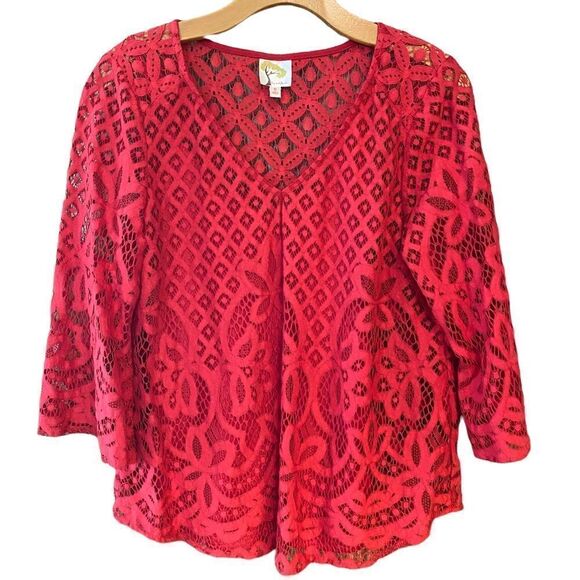 Fig and Flower Sz S Red Lace Boho Flared Sleeves 2-Piece Tank & Overlay Top - Picture 1 of 7